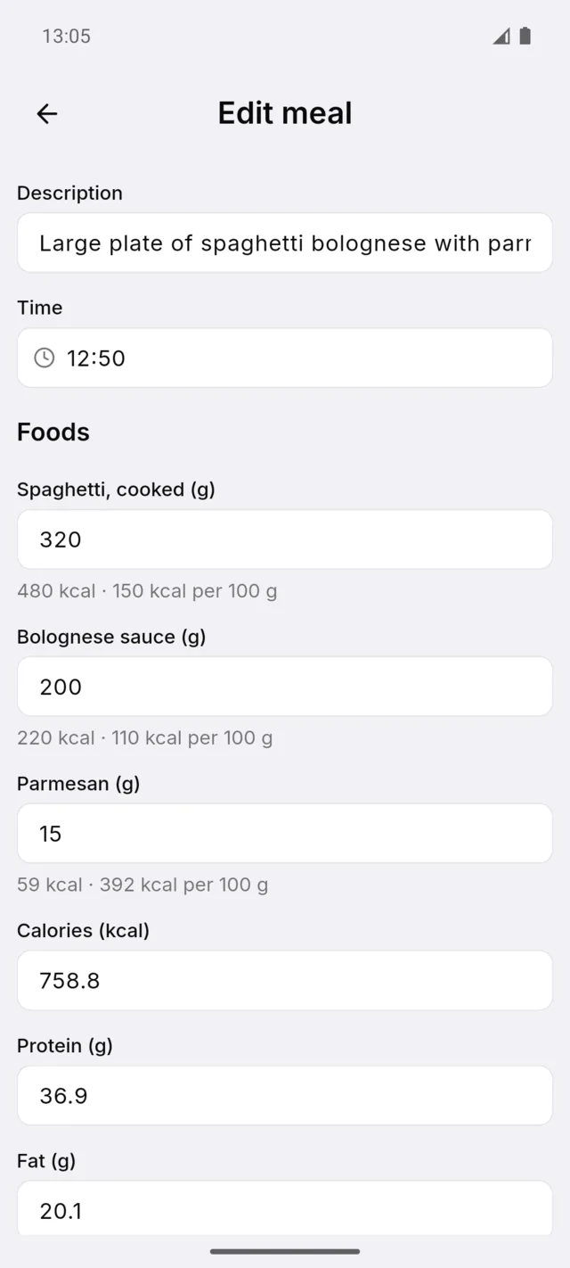 Editing a meal: each food with its amount in grams and its calories per 100 g